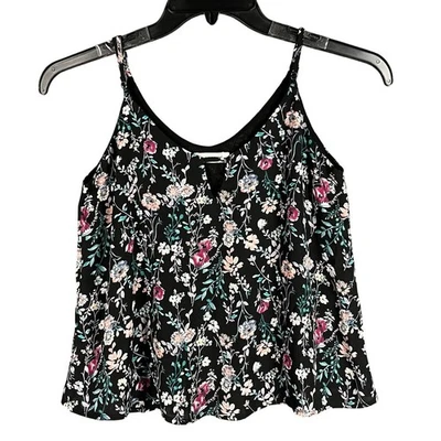 Lush Tank Size XS Black Ditzy Floral Spaghetti Strap Boho Chic Summer Festival - Image 1 of 4