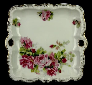 Vintage Square Handled Serving Bowl Tray Roses With Gold Trim  9½" - Picture 1 of 6