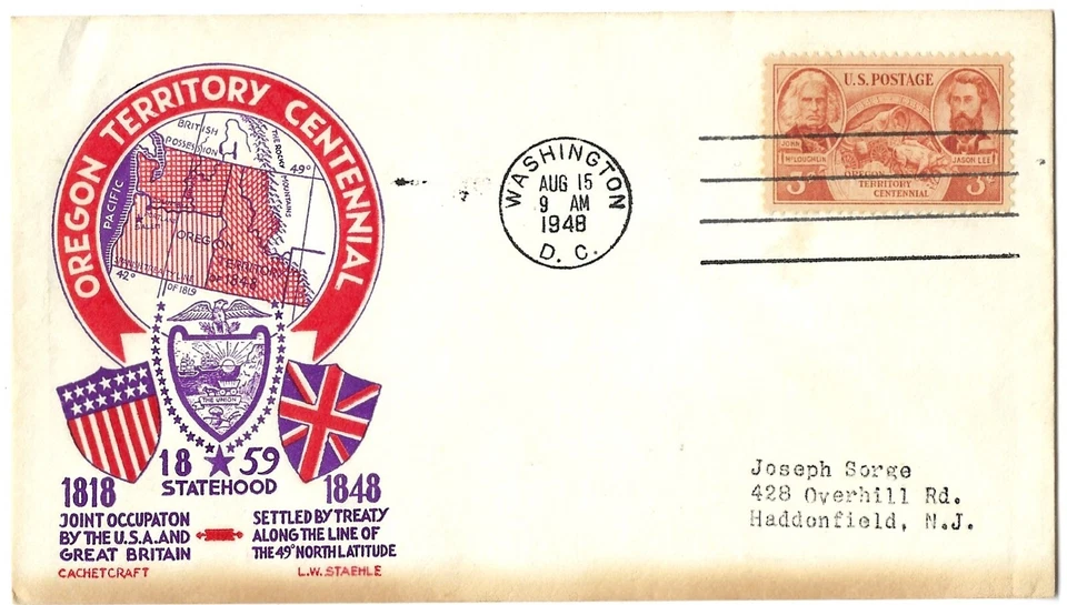 3 '48 FDCs Oregon Cent. SC#964, 100yrs Peace w/Canada 961, NY Consolidate SC#C38 - Image 1 of 3