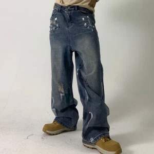 Men Denim Pants Trousers Paint Ripped Faded Loose Straight Leg Jeans Retro - Picture 1 of 12