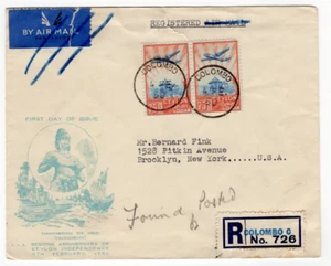 1950 FDC #311 Ceylon Sri Lanka Colombo Registered Cover to USA Cachet Airmail - Picture 1 of 2