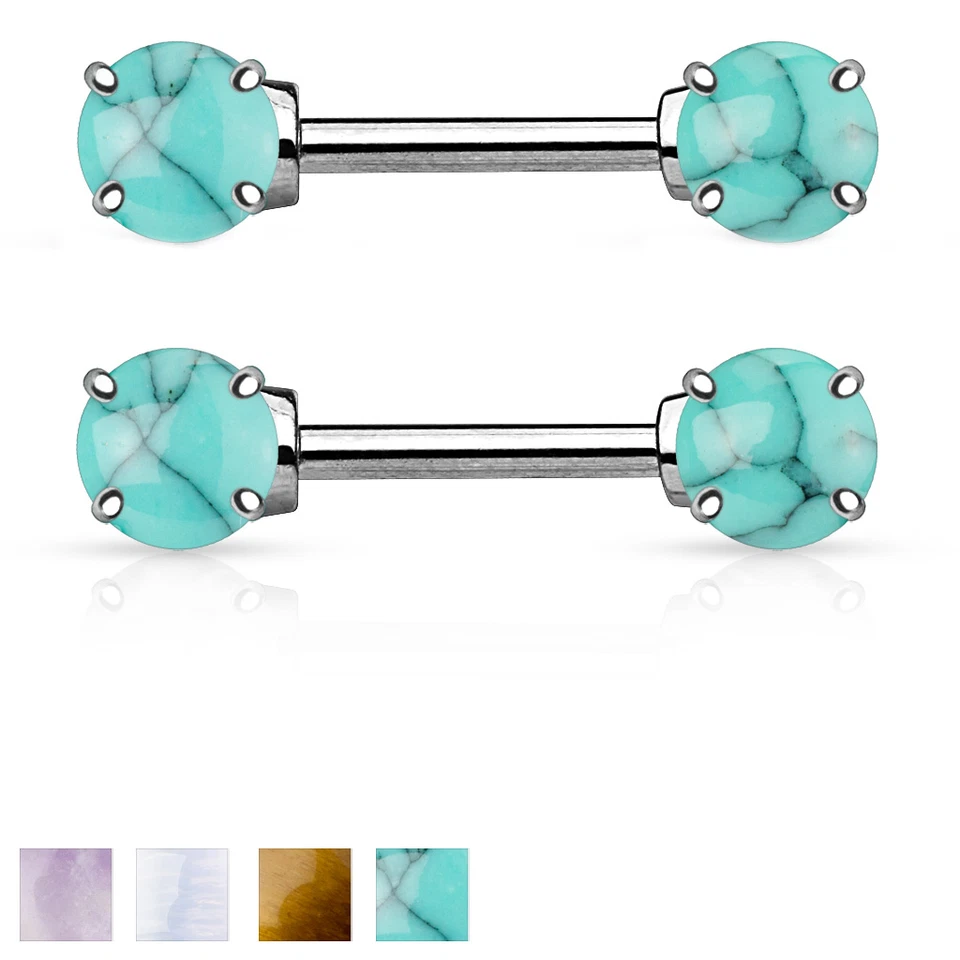 Pair of Semi Precious Stone Prong Set Surgical Steel Nipple Rings Barbells 14G - Image 1 of 4