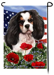 Patriotic Flowers Garden Flag - Tri Cavalier King Charles Spaniel - Picture 1 of 1