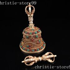 6.8"old Tibet Buddhism temple silver filigree inlay gem Bell chung statue