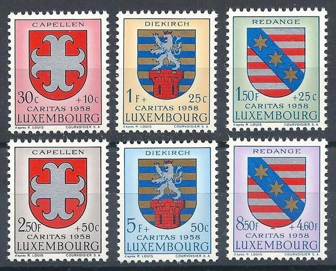 Luxemburgo 1958 Sc# B204-9 conjunto brazos de Capellen Diekirch Redange MNH CV $12 Foto 1 de 1