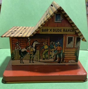 Vintage U.S. Metal Toy Co. Bar X Dude Ranch Tin Lithograph Bank Lollipop Holder - Picture 1 of 20