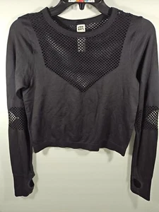JOY LAB M Top Black Cropped Long Sleeve Waffle Holes Thumb Cut Out Fitted Medium - Picture 1 of 10