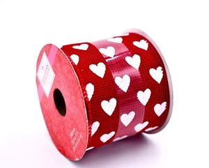 Valentine Heart Ribbon,Red Mesh,White Hearts,Polyester,2.5"x12ft. - Picture 1 of 2