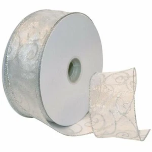 Silver Sparkle Swirls Sheer White 2.5" Wide Wired Ribbon 50 yd holiday wedding - Picture 1 of 1
