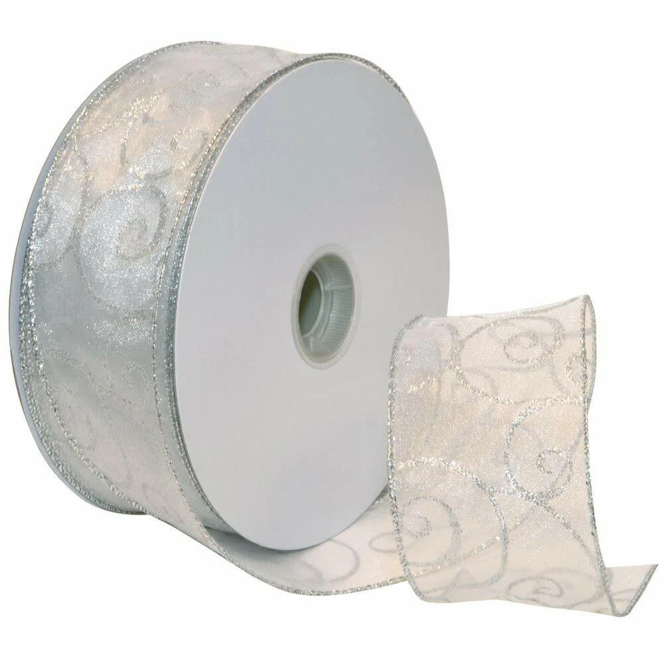 Silver Sparkle Swirls Sheer White 2.5" Wide Wired Ribbon 50 yd holiday wedding  - Image 1 of 1