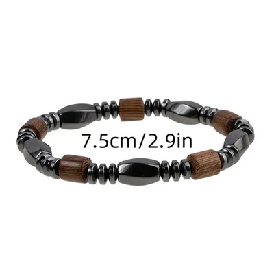 Black Hematite Rope Bracelet Men Braided Elastic Wood Bead Classic Jewelry - Image 1 of 4