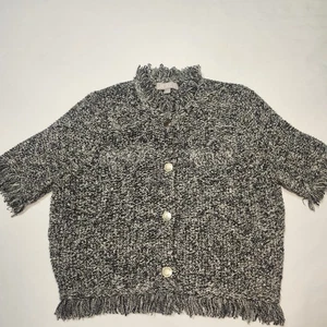 J Crew Sweater Small Black Marled Cropped Fringe Trim Lady Jacket Gold Snaps - Picture 1 of 15