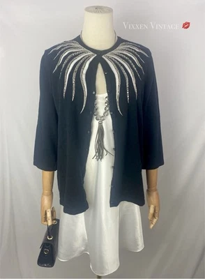 ВИНТАЖНЫЙ 1990-Х BOB MACKIE ЧЕТВЕРТЬ РУКАВА СЕРЕБРИСТОГО ТОНА ПРАЗДНИК КАРДИГАН В ЧЕРНОМ - Изображение 1 из 4