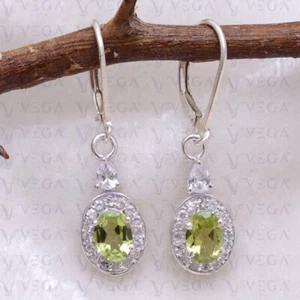 3.56Ct Oval Shape Natural Peridot & Diamond Dangle Earring 14K White Gold Plated - Picture 1 of 9