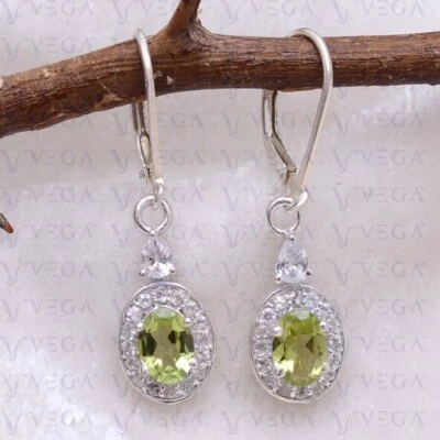 3.56Ct Oval Shape Natural Peridot & Diamond Dangle Earring 14K White Gold Plated - Image 1 of 4