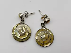 Vintage Silver 925 Earrings Mother of Pearl Spiral Pachamama Dangle Drop - Picture 1 of 7