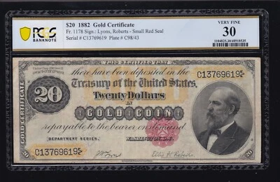 US 1882 $20 Gold Certificate Note FR 1178 PCGS 30 Ch VF (619) - Image 1 of 2