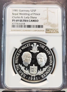 1981 GUERNSEY SILVER 25 PENCE ROYAL WEDDING LADY DIANA NGC PF 69 ULTRA CAMEO - Picture 1 of 3