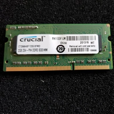 Crucial 2 GB SO-DIMM 1333 MHz PC3-10600 DDR3 SDRAM Memory (CT25664BF1339) - Image 1 of 2