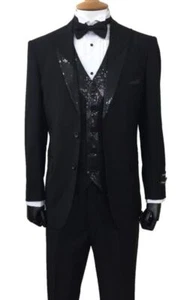 New Men's Slim Fit 2-Button Black Tuxedo Suit With Vest and Pants Sequins Design - Picture 1 of 6