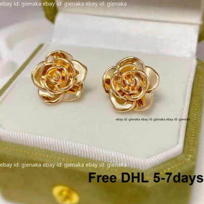 Auténticos aretes 100 % reales de oro amarillo puro de 18 quilates con flor rosa Au750 para mujer Foto 1 de 3