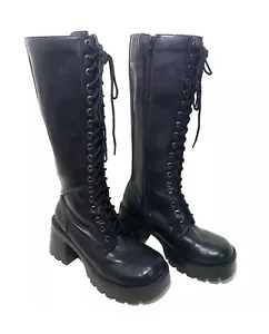 VTG BONGO Black Chunky Goth Platform Tall Combat Boots Y2K Women's Size 7 1/2 M - Picture 1 of 9