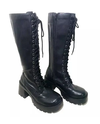 VTG BONGO Black Chunky Goth Platform Tall Combat Boots Y2K Women's Size 7 1/2 M - Image 1 of 4