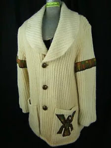 A ROBERT LEWIS IDEA Vtg 70s Cream Wool Knit Sweater Cardigan & Patched-Bust 42/S - Picture 1 of 8