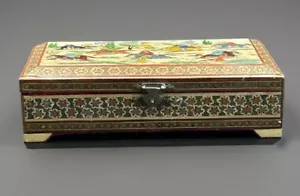 Joyero de madera de marquetería persa Khatam de colección pintado a mano escena de caza años 50 - Imagen 1 de 12
