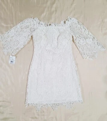David's Bridal Lace Sheath Wedding Dress S Off-The-Shoulder 3/4 Sleeve Ivory NWT - Image 1 of 4