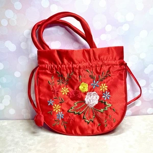 Rote Satin Blume Kordelzug Handtasche-Vintage asiatisch bestickt Umhängetasche - Bild 1 von 9
