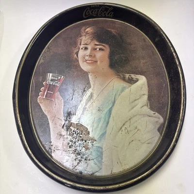 1983 oval Coca-Cola metal serving tray LADY IN BLUE DRESS reproduction 15x 12 - Image 1 of 4