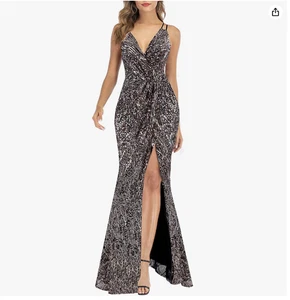 A ARFAR Sequin Party V-Neck Sphagetti Strap Sexy High Slit Dress (Black Gold, L) - Picture 1 of 5