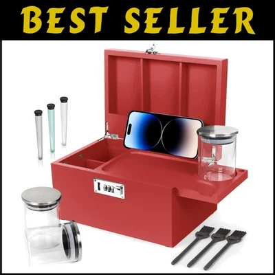 Large Red Bamboo Makeup Storage Box with Easy Open Lock & Included Accessories - Image 1 of 4