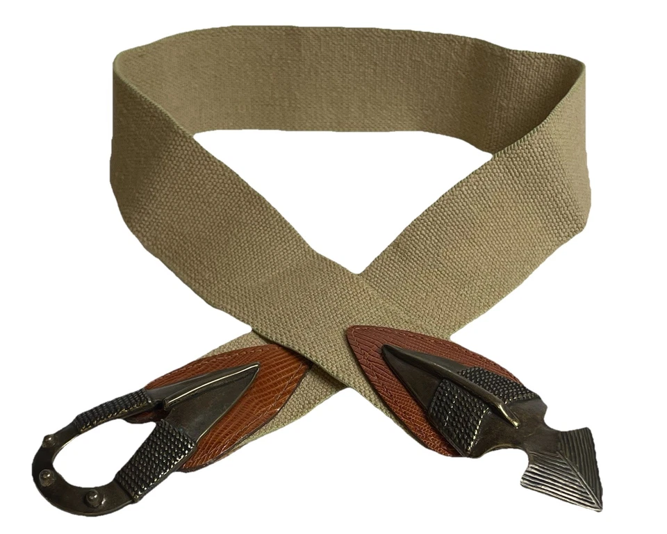 Vtg Omega Arrowhead Stretch Belt Womens Sz L Textured Brass Beige Textile - Image 1 of 4