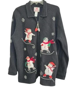 Quacker Factory Wool Cardigan Sweater Snowman Size Large Christmas Holiday Black - Picture 1 of 9