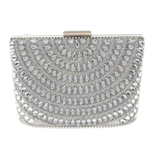Silver Tone Fashion Satin Fabric Clutch Evening Bag With Rhinestone TLX192-SIL - Picture 1 of 3