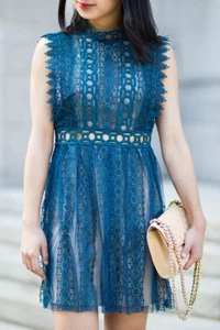 NEW FREE PEOPLE $300 SAPPHIRE BLUE FOREVER LACE BABYDOLL DRESS SZ 6 - Picture 1 of 6