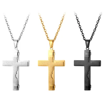 Colar pingente bíblico cruz Jesus Cristo aço inoxidável oração senhores corrente masculina - Imagem 1 de 4
