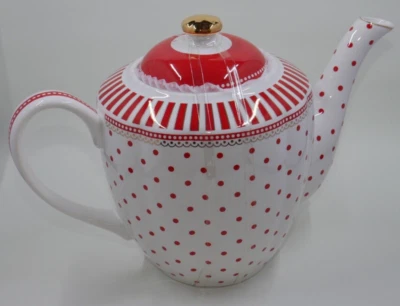 Grace Teaware Red Josephine Stripes and Dots Fine Porcelain Teapot New - Image 1 of 4