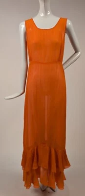 1930-е ОРАНЖЕВОЕ ПРОЗРАЧНОЕ ШЕЛКОВОЕ ШИФОНОВОЕ ПЛАТЬЕ С СООТВЕТСТВУЮЩИМ ВОРОТНИКОМ-ПЛАЩОМ С ОБОРКАМИ - Изображение 1 из 4