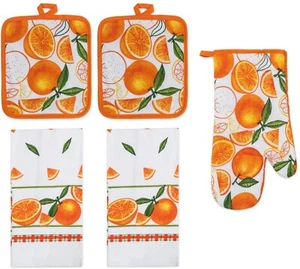 5pc Kitchen Set: 2 Jumbo Pot Holders, 1 Oven Mitt & 2 Towels, ORANGES, Premius - Picture 1 of 22
