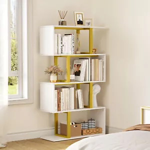 5/6 Tier Wood Geometric Bookcase S-Shaped Bookshelf Freestanding Display Shelf - Picture 1 of 30