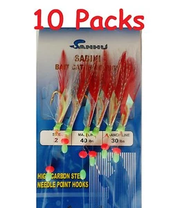 10 Packungen Größe #2 Sabiki Bait Rigs 6 Haken rote Feder Salzwasser Angelköder - 486 - Bild 1 von 3
