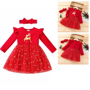 NEW Christmas Reindeer Girls Red Gold Stars Long Sleeve Tutu Dress - Picture 1 of 9