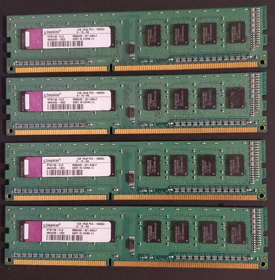 4 x Kingston 1GB DDR3-1333 RAM PC3-10600U CL9 1Rx8 KTW149-ELD Memory (KIT OF 4) - Image 1 of 3