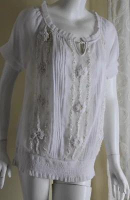 Nueva Blusa Camisa Top Sundance Talla XL Fina Chifón Cuentas Boho Funky Encaje Malla Foto 1 de 4