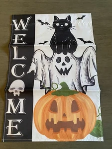 HALLOWEEN NYLON JARDÍN BANDERA 12"X18" "BIENVENIDO" GATO NEGRO, CALABAZA FANTASMA NUEVO - Imagen 1 de 1