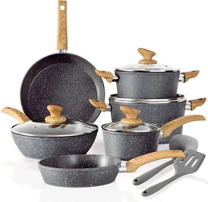 12 Pieces Kitchen Pots & Pans Set Nonstick Cookware Set Granite Coated with Lids - Picture 1 of 7