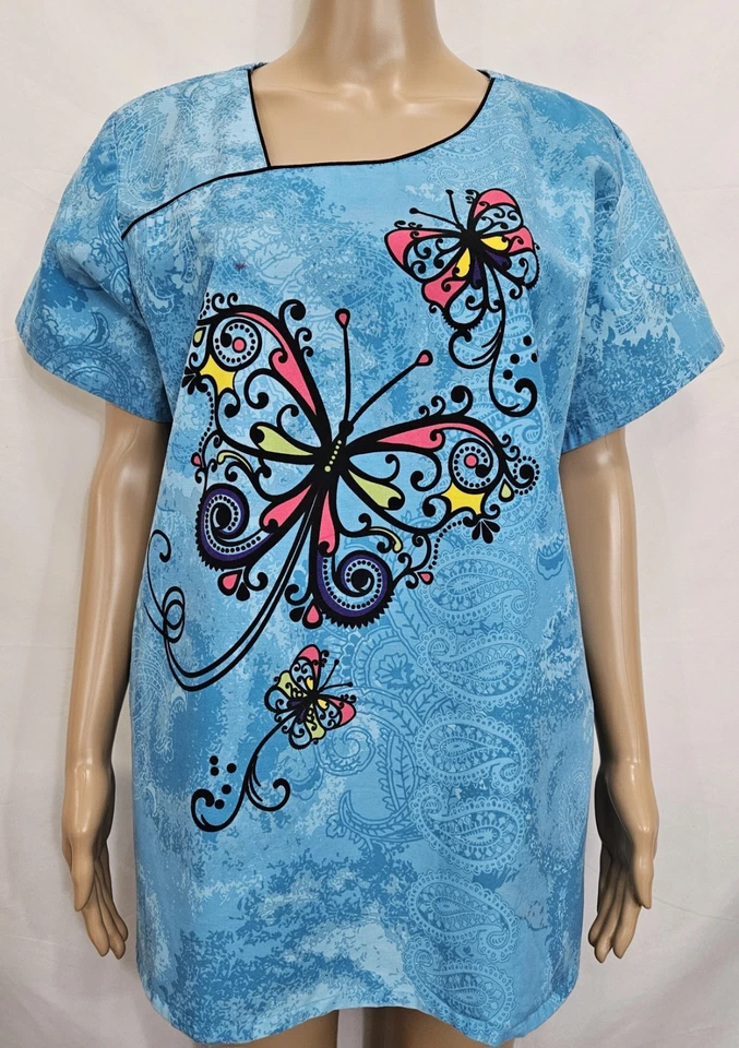 UA SCRUBS Women Scrub Top Size 2X Blue Butterfly Print - Image 1 of 4